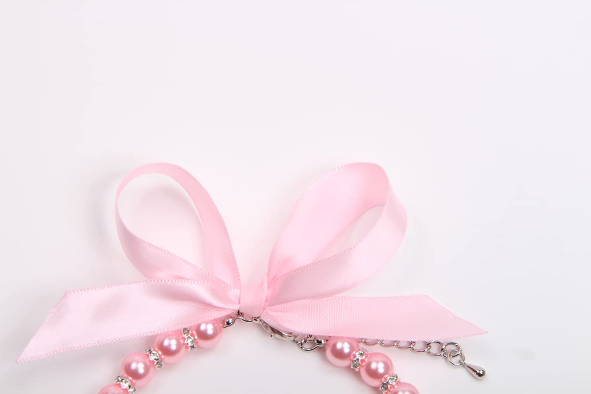 Pearls Necklace Collar with Ribbon Bow Pet Jewelry Pink D1138