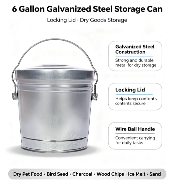 Galvanized Steel 6 Gallon Storage Can with Locking Lid I108