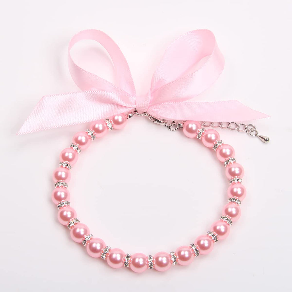 Pearls Necklace Collar with Ribbon Bow Pet Jewelry Pink D1138