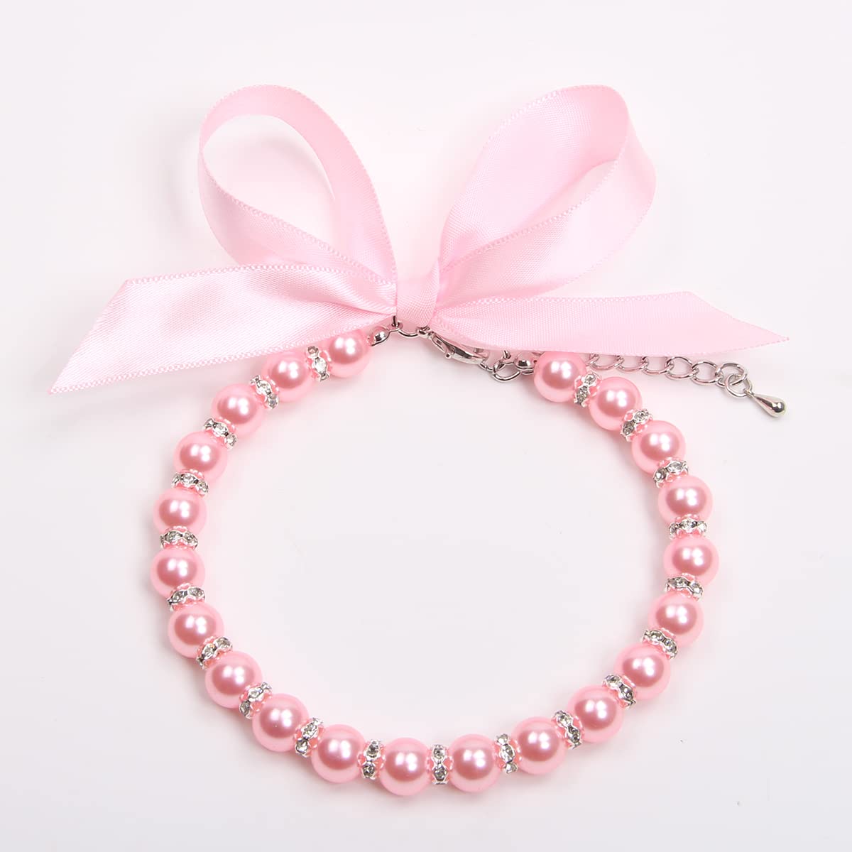Pearls Necklace Collar with Ribbon Bow Pet Jewelry Pink D1138