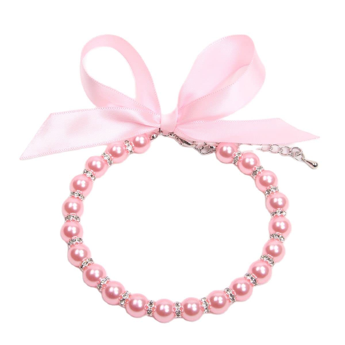 Pearls Necklace Collar with Ribbon Bow Pet Jewelry Pink D1138