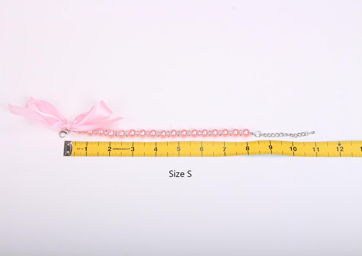 Pearls Necklace Collar with Ribbon Bow Pet Jewelry Pink D1138