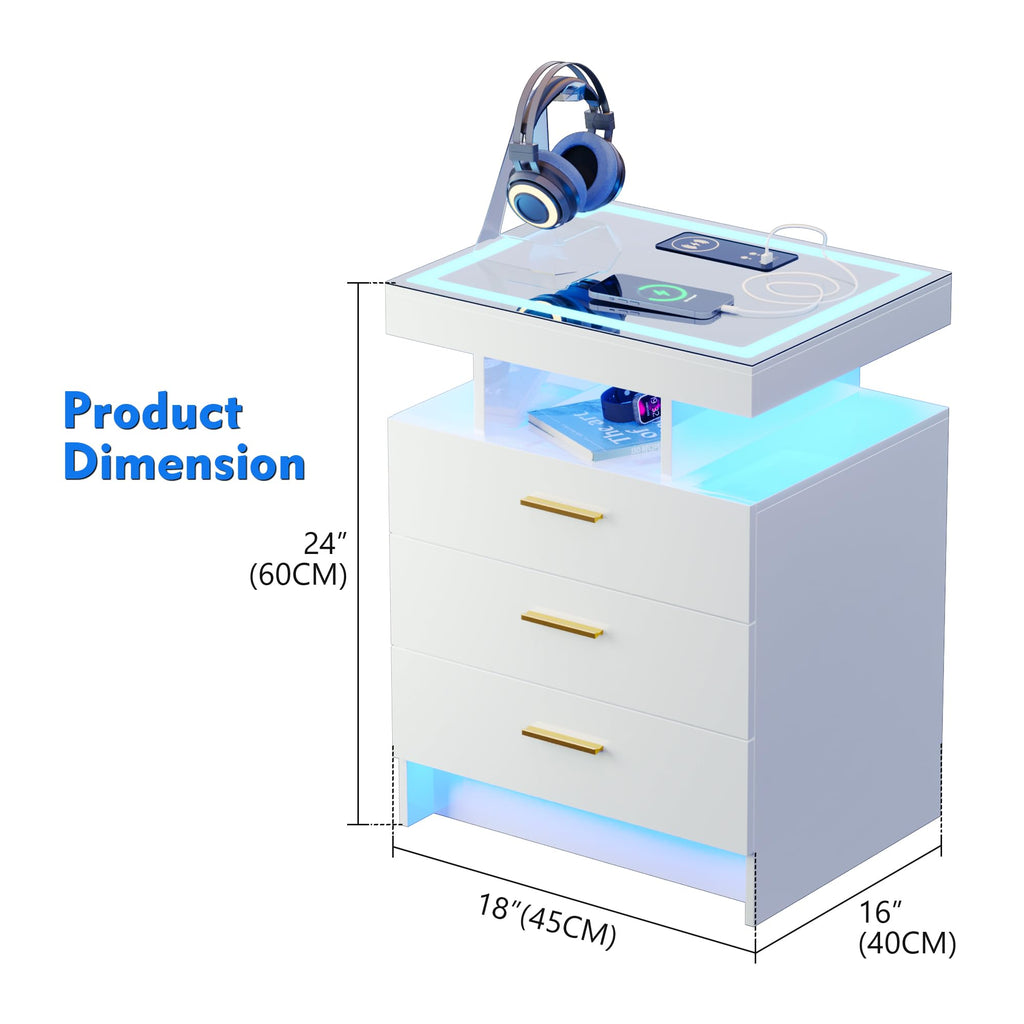 White LED Nightstand with Wireless Charging Station R5778
