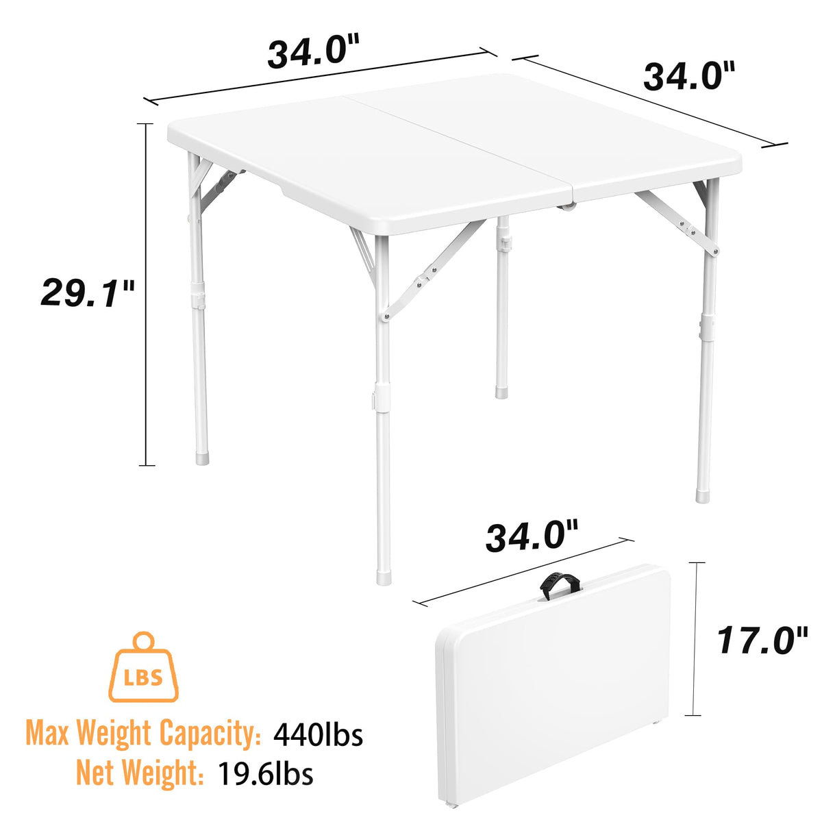 34'' Square Folding Card Table, Portable Plastic Dining Table with Carry Handle, White X844136