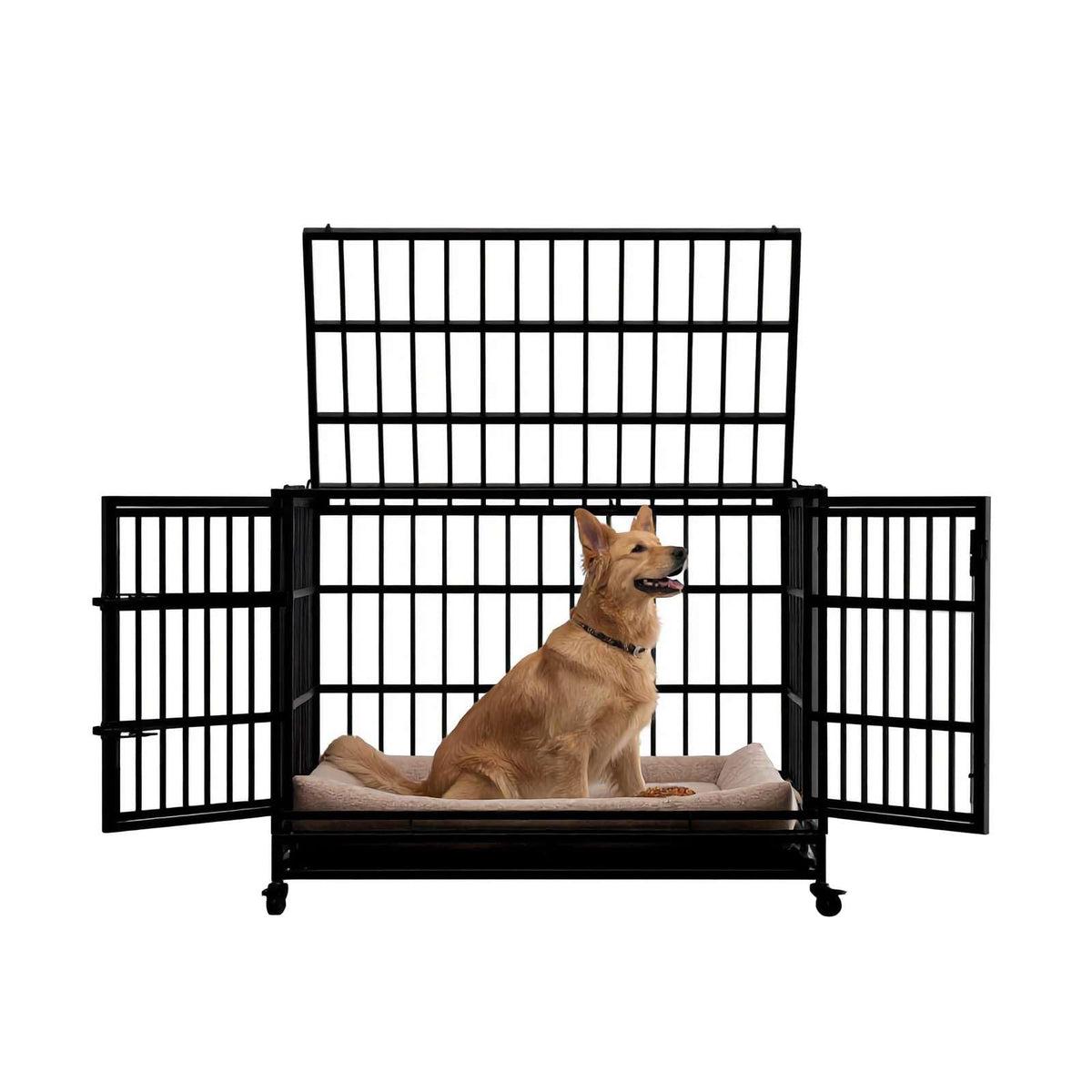 48 Inch Heavy Duty Metal Folding Dog Crate with Wheels and Double Doors P6967