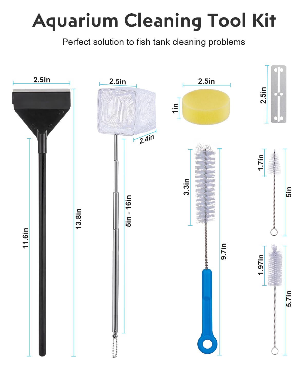 7-in-1 Fish Tank Cleaning Kit with Algae Scraper & Aquarium Brushes H378306