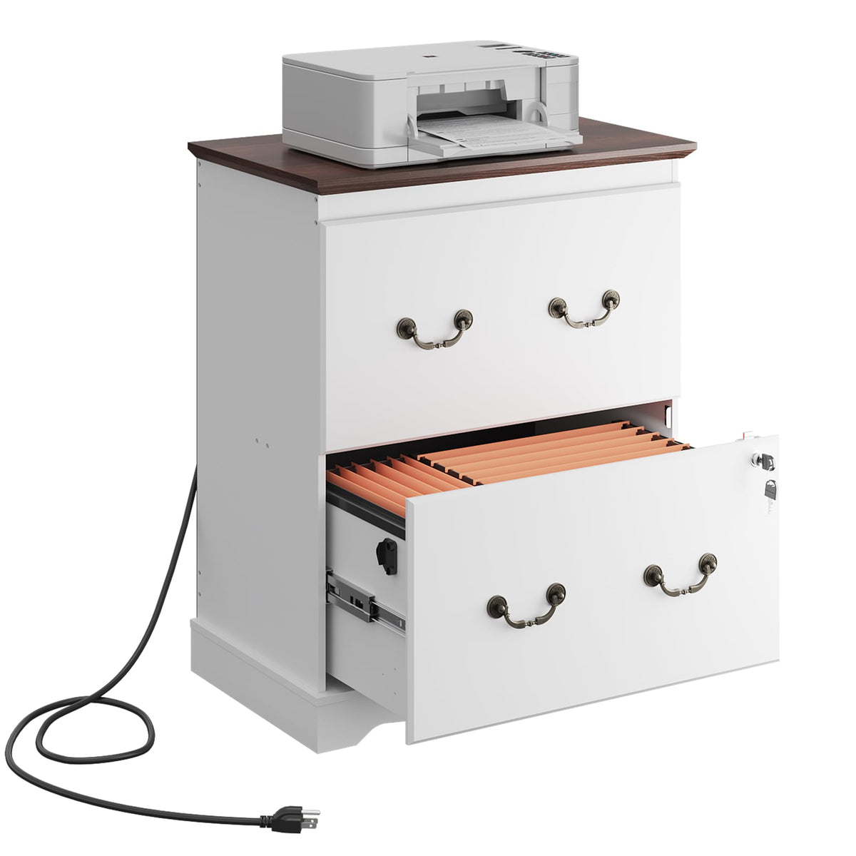 White 2 Drawer Wood File Cabinet with Charging Station and Lock L9606