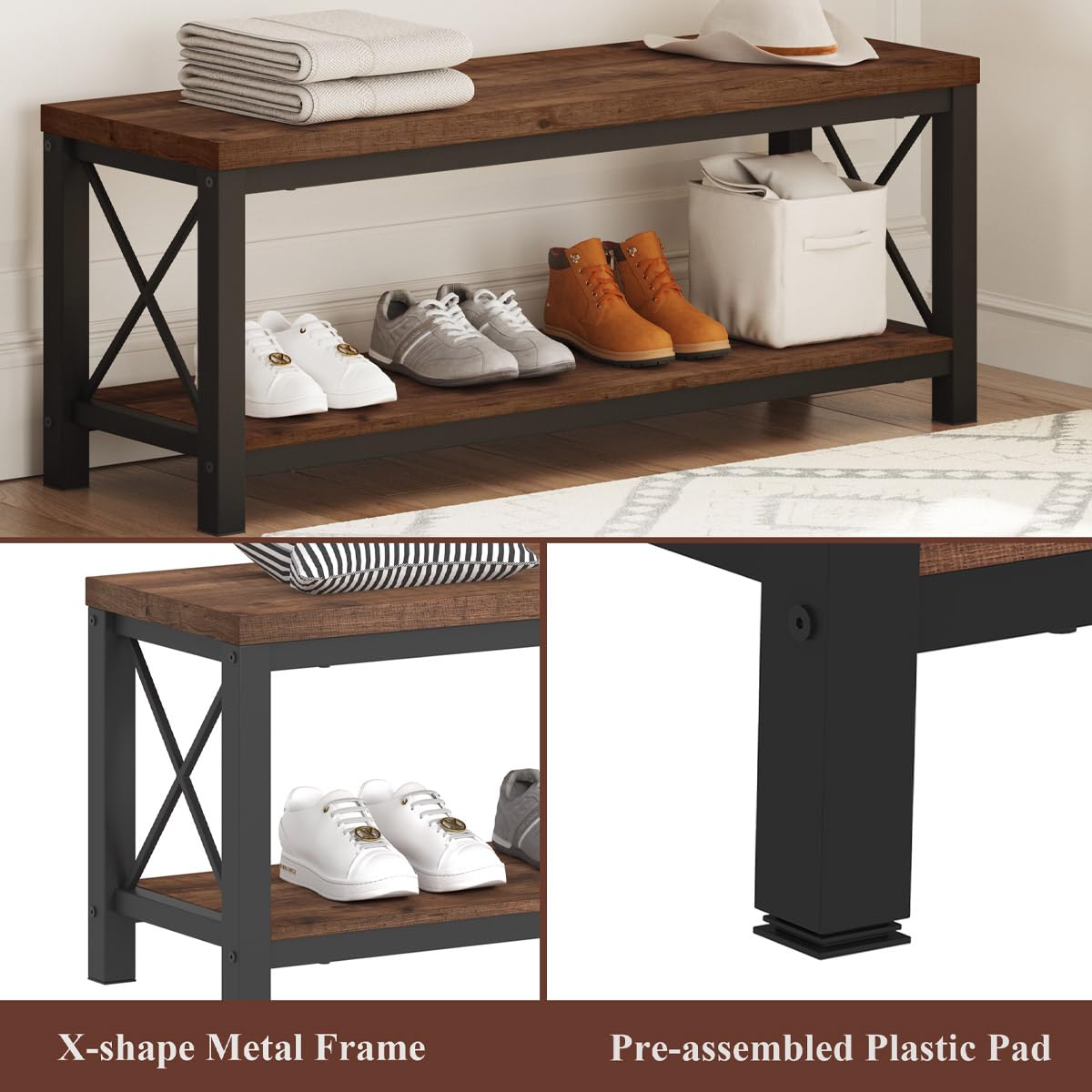 2 Tier Wood Metal Storage Bench K5272