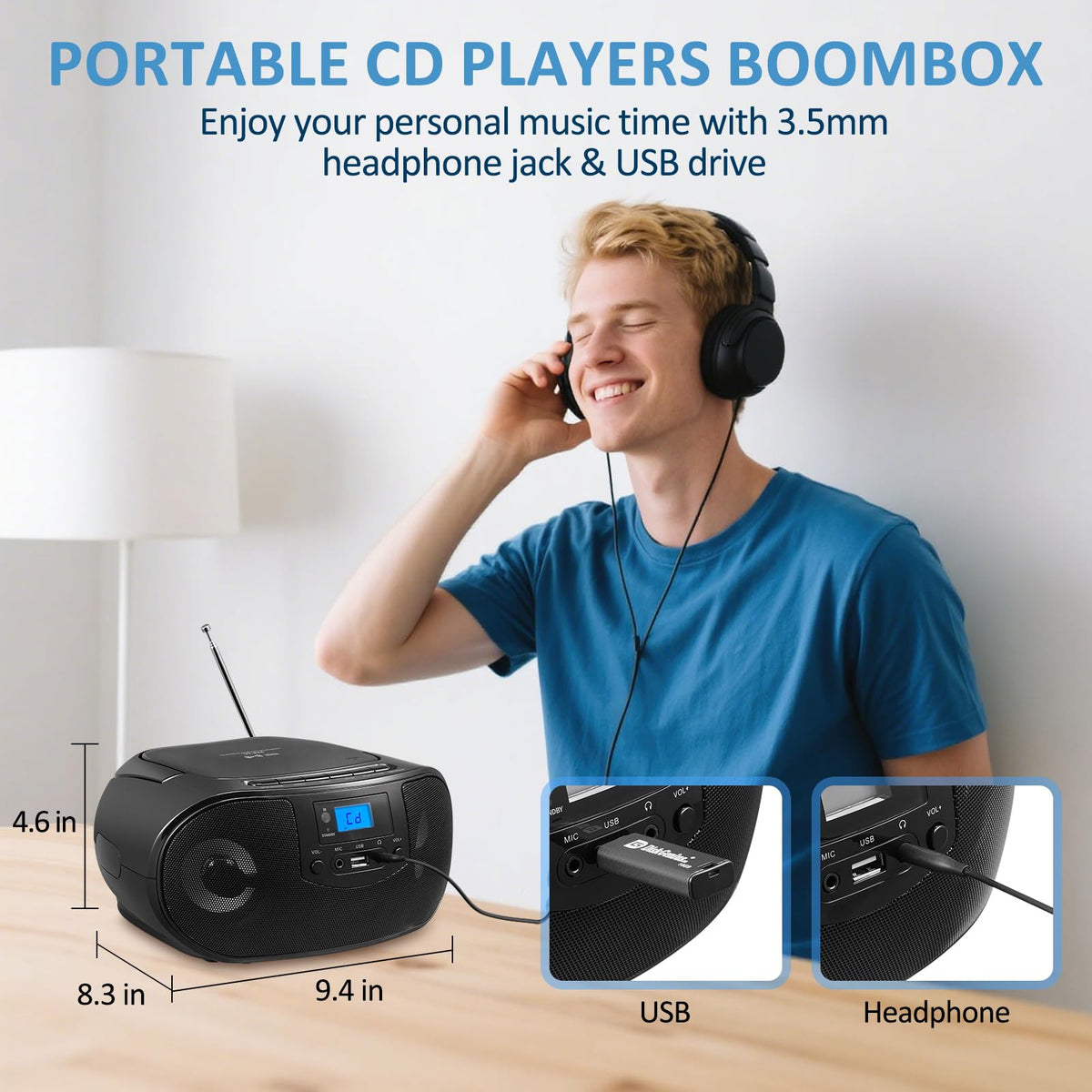 Portable CD Player Boombox with FM Radio, Bluetooth, Remote Control, Black T842