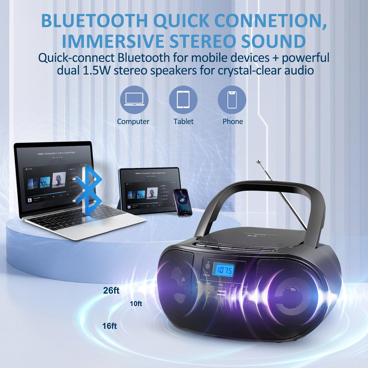 Portable CD Player Boombox with FM Radio, Bluetooth, Remote Control, Black T842