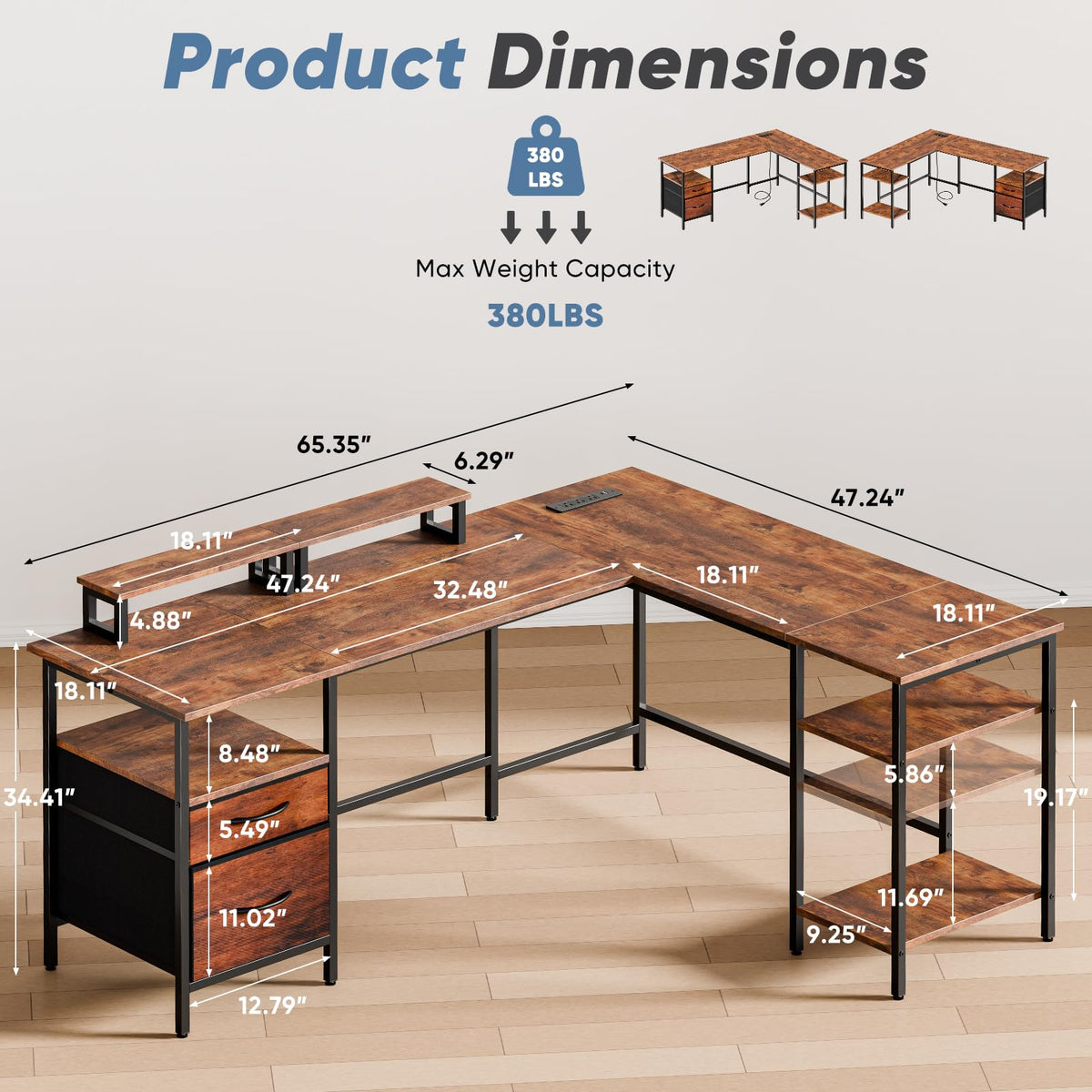 62 Inch L Shaped Computer Desk with Charging Station N645