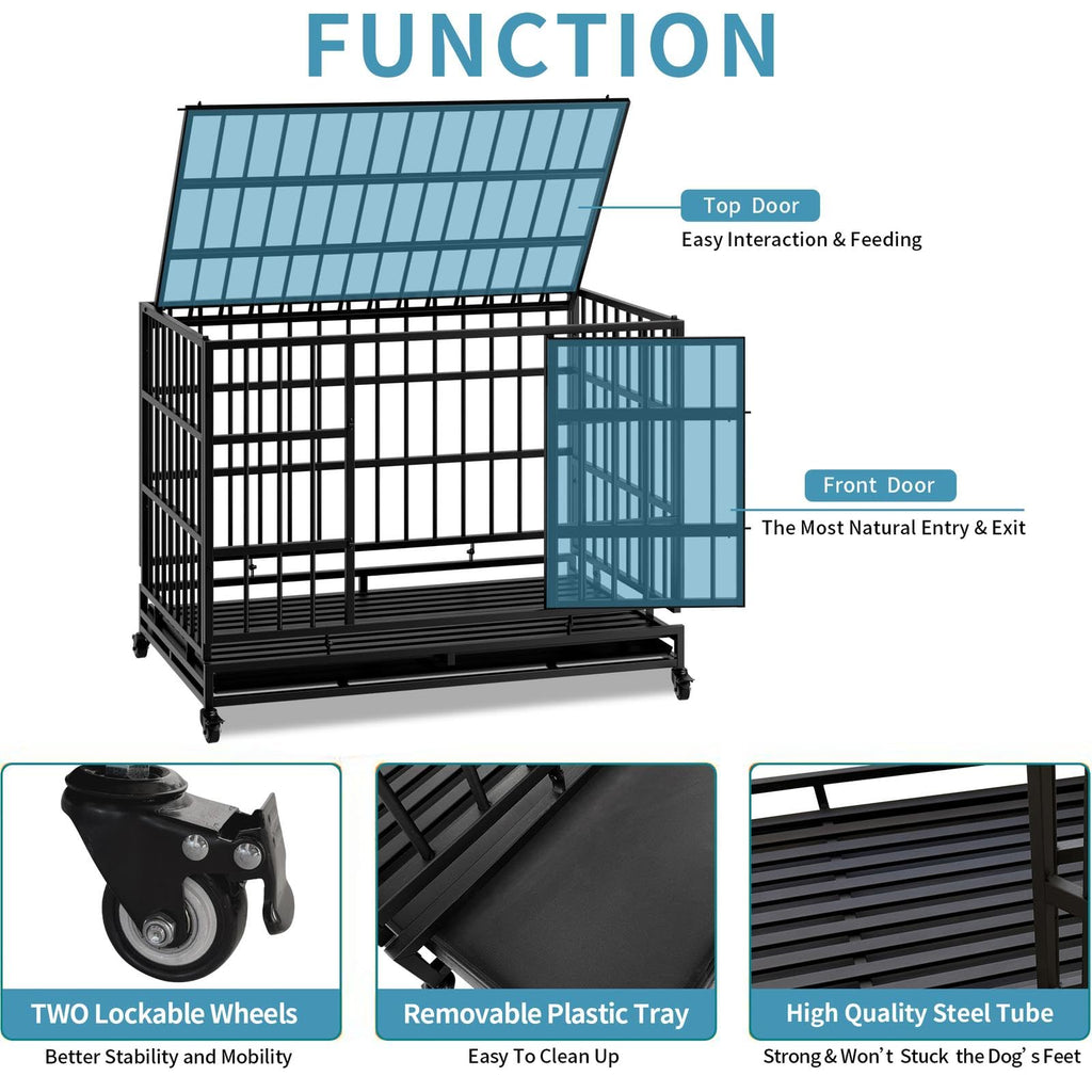 48 Inch Heavy Duty Metal Folding Dog Crate with Wheels and Double Doors P6967