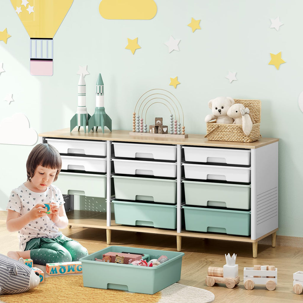 12 Drawers Storage Cabinet with Wooden Top and Plastic Bins O581