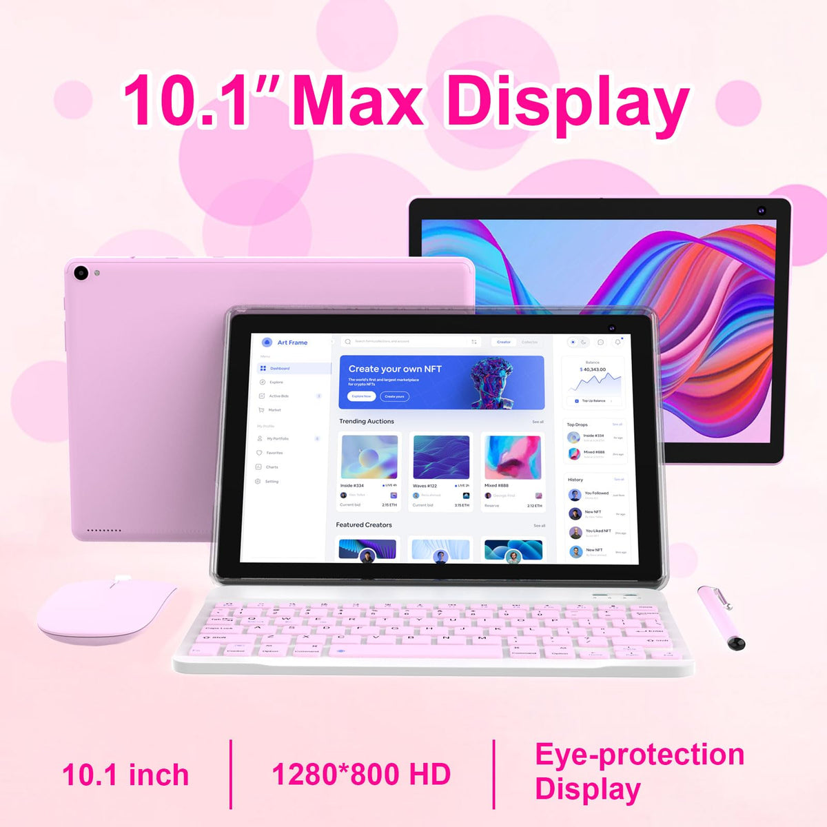Android 15 Tablet 10 inch, 2 in 1 Tablet with Keyboard Case Mouse Stylus, 8GB RAM 32GB ROM, Quad Core, 1280x800 HD Screen, 6000mAh W57101