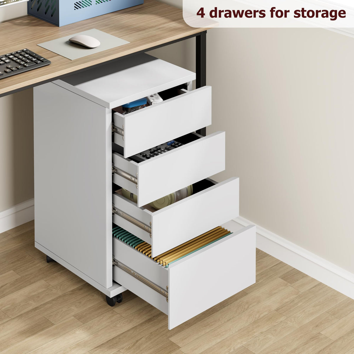 White 4 Drawer Wood Storage Cabinet with Wheels N171153