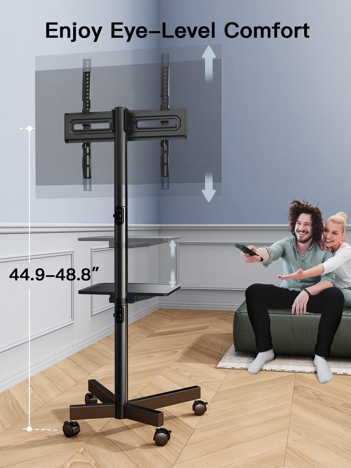 Rolling TV Stand on Wheels for 23-65 Inch TVs, Tilt Mobile TV Cart Holds up to 99 lbs with Adjustable Height Shelf O582