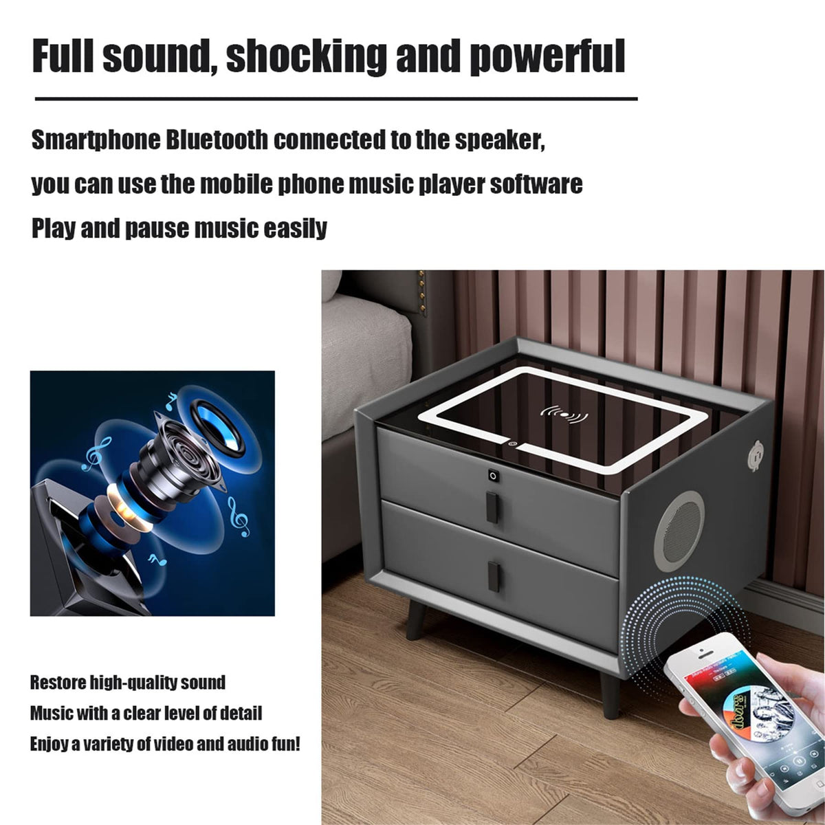 Gray Nightstand with Lock Drawer, Wireless Charging, USB Port and LED Lights D69492