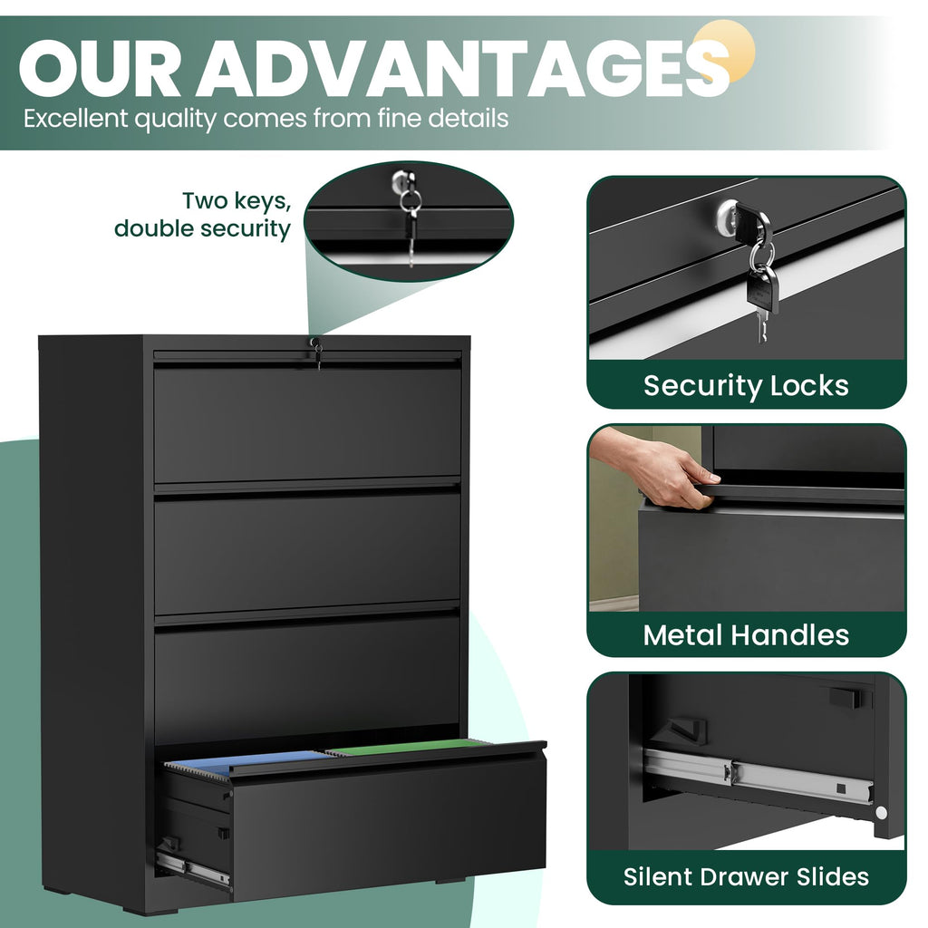 4 Drawer Black Lateral File Cabinet with Lock V104