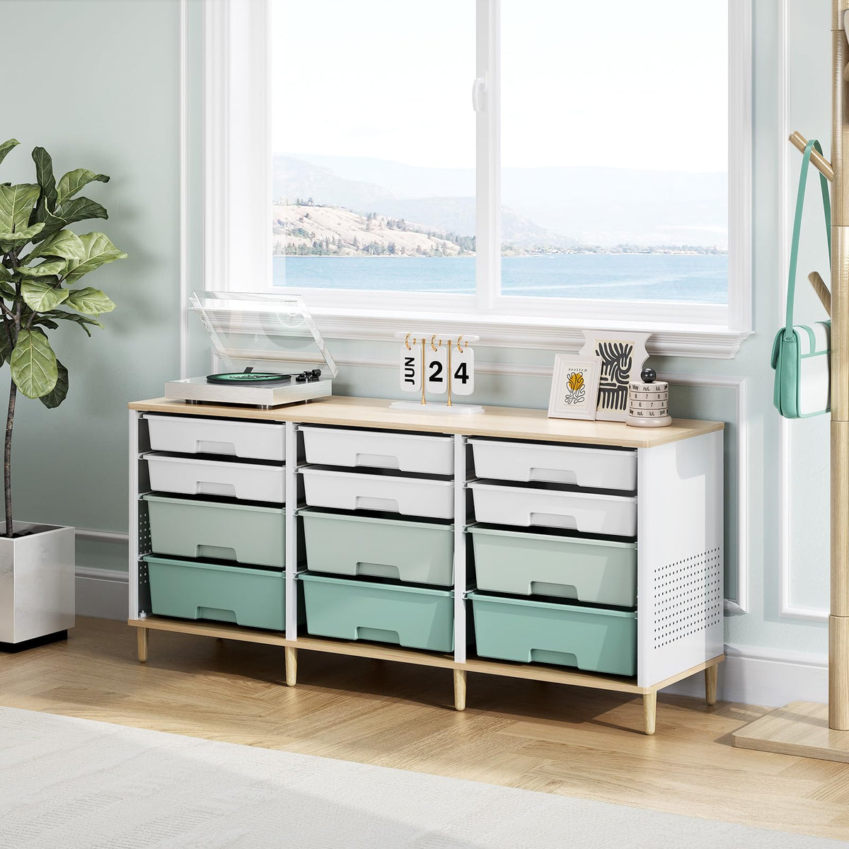 12 Drawers Storage Cabinet with Wooden Top and Plastic Bins O581