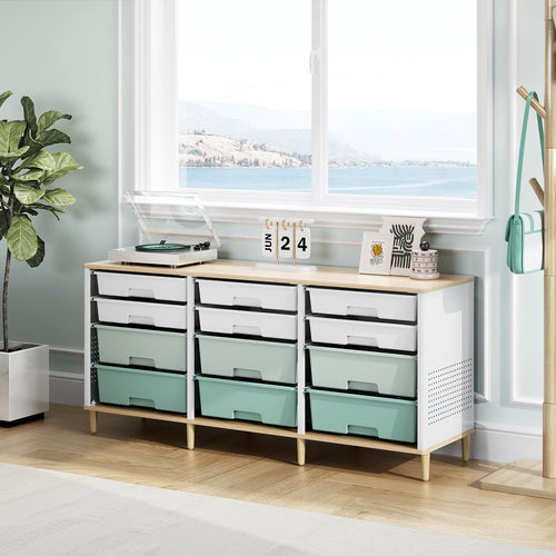 12 Drawers Storage Cabinet with Wooden Top and Plastic Bins O581