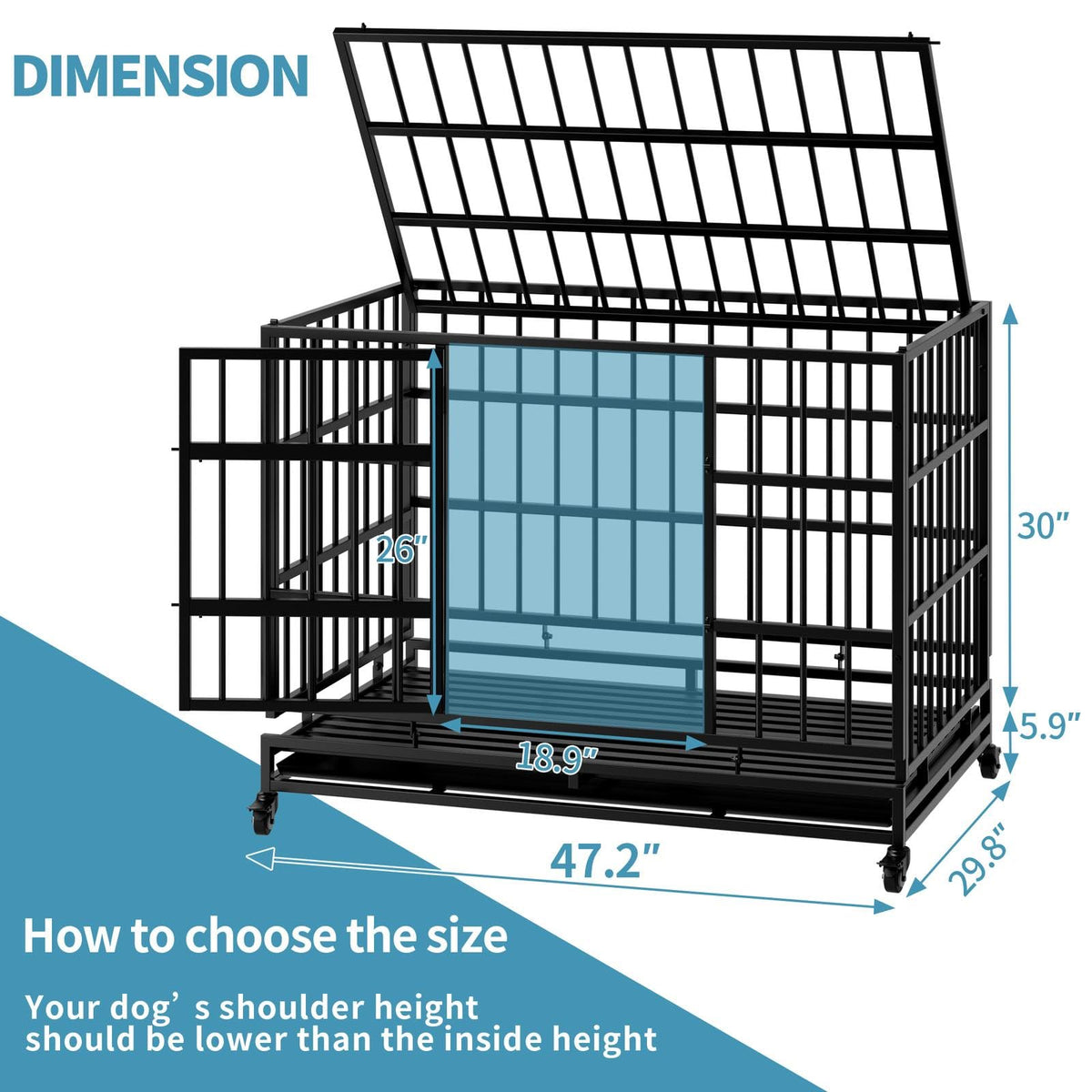 48 Inch Heavy Duty Metal Folding Dog Crate with Wheels and Double Doors P6967