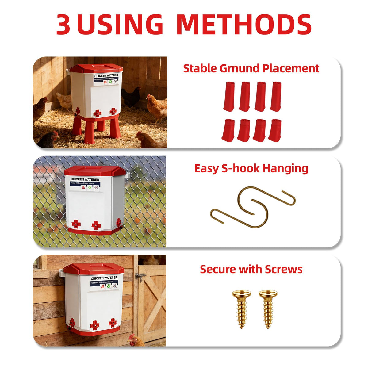 3-Gallon Heated Chicken Waterer with Heater and 4 Nipples E139