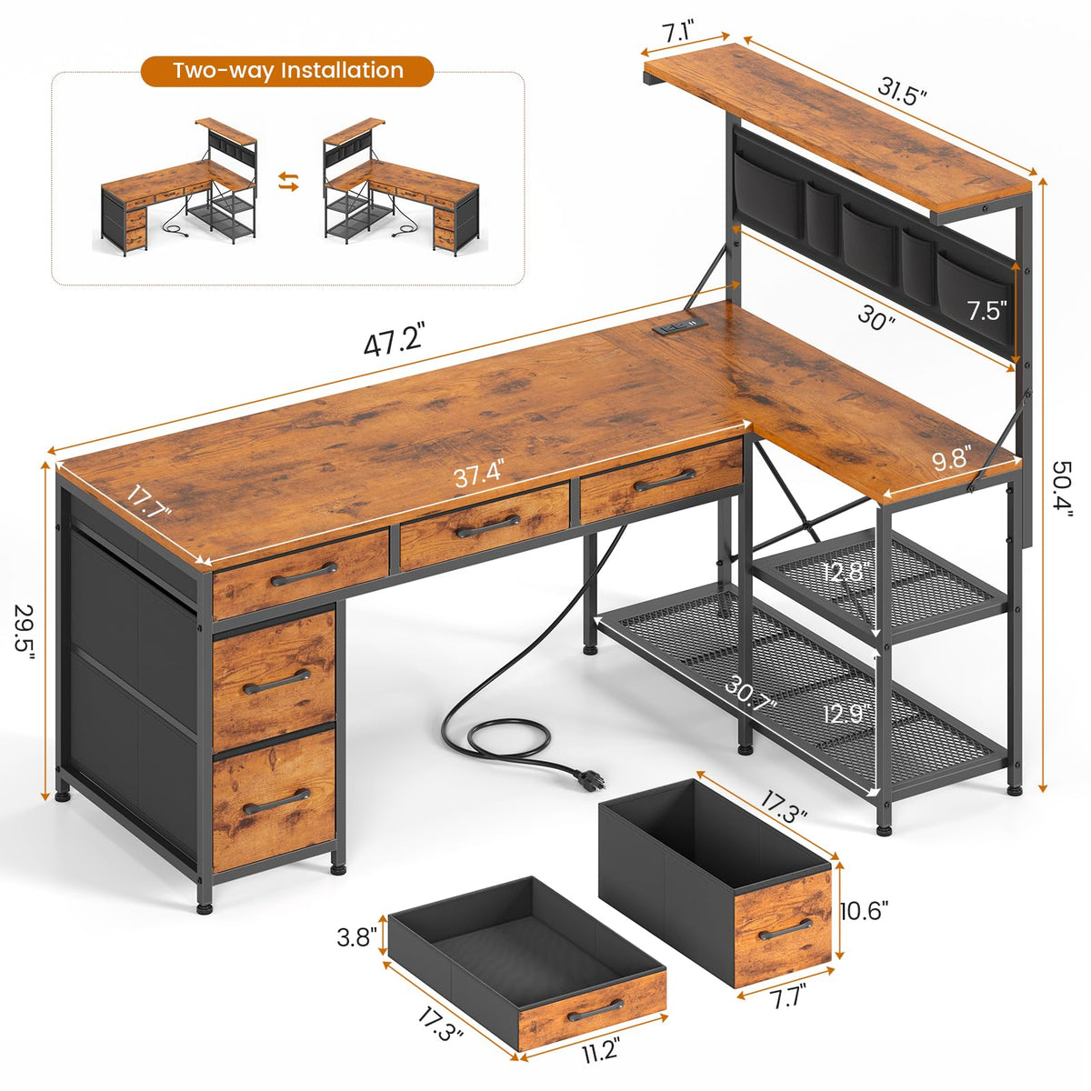 47.2" Reversible L Shaped Office Desk with Drawers K697
