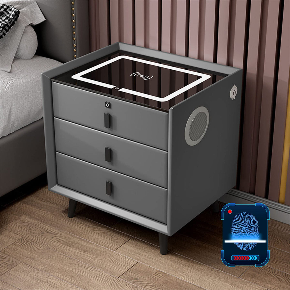 Gray Nightstand with Lock Drawer, Wireless Charging, USB Port and LED Lights D69492