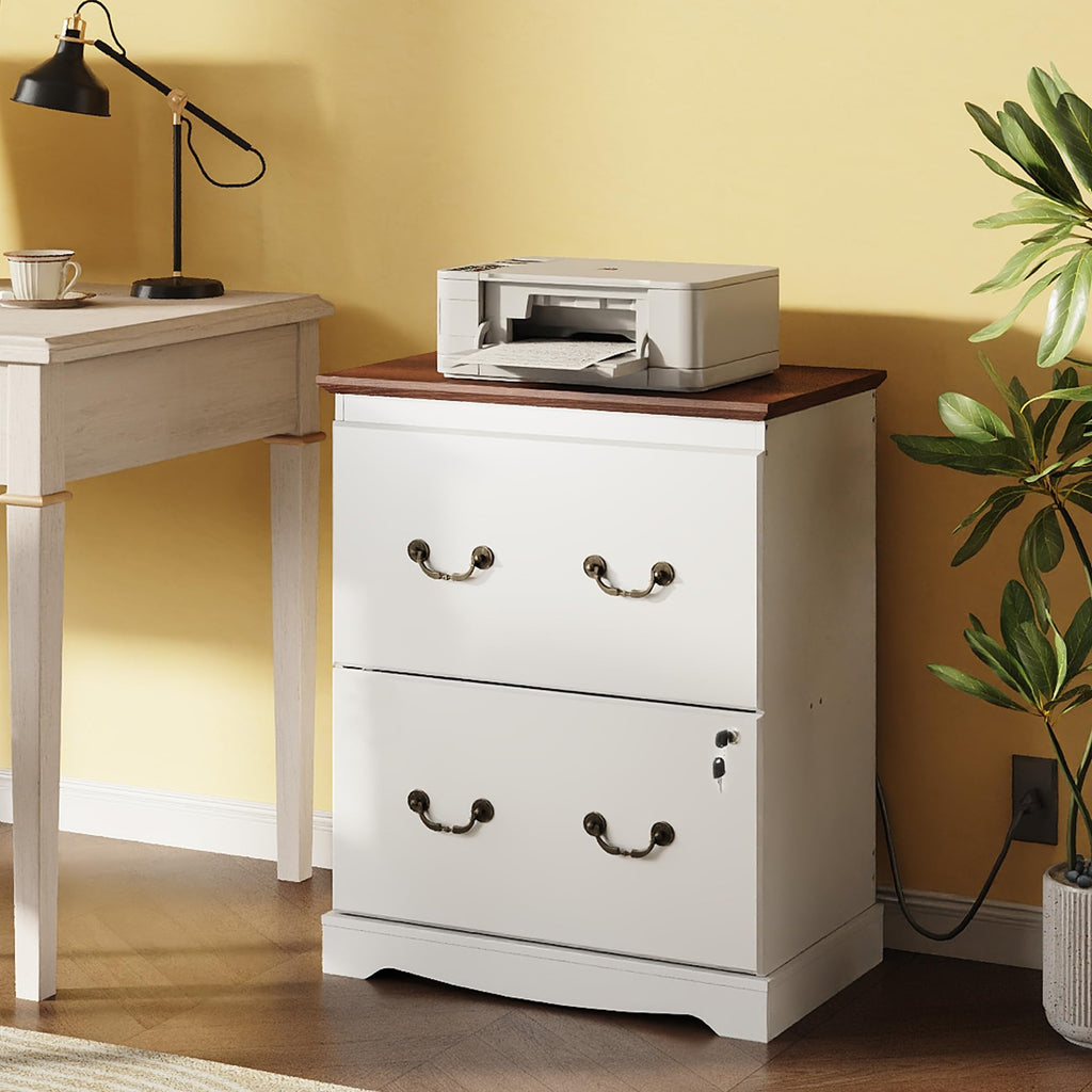 White 2 Drawer Wood File Cabinet with Charging Station and Lock L9606