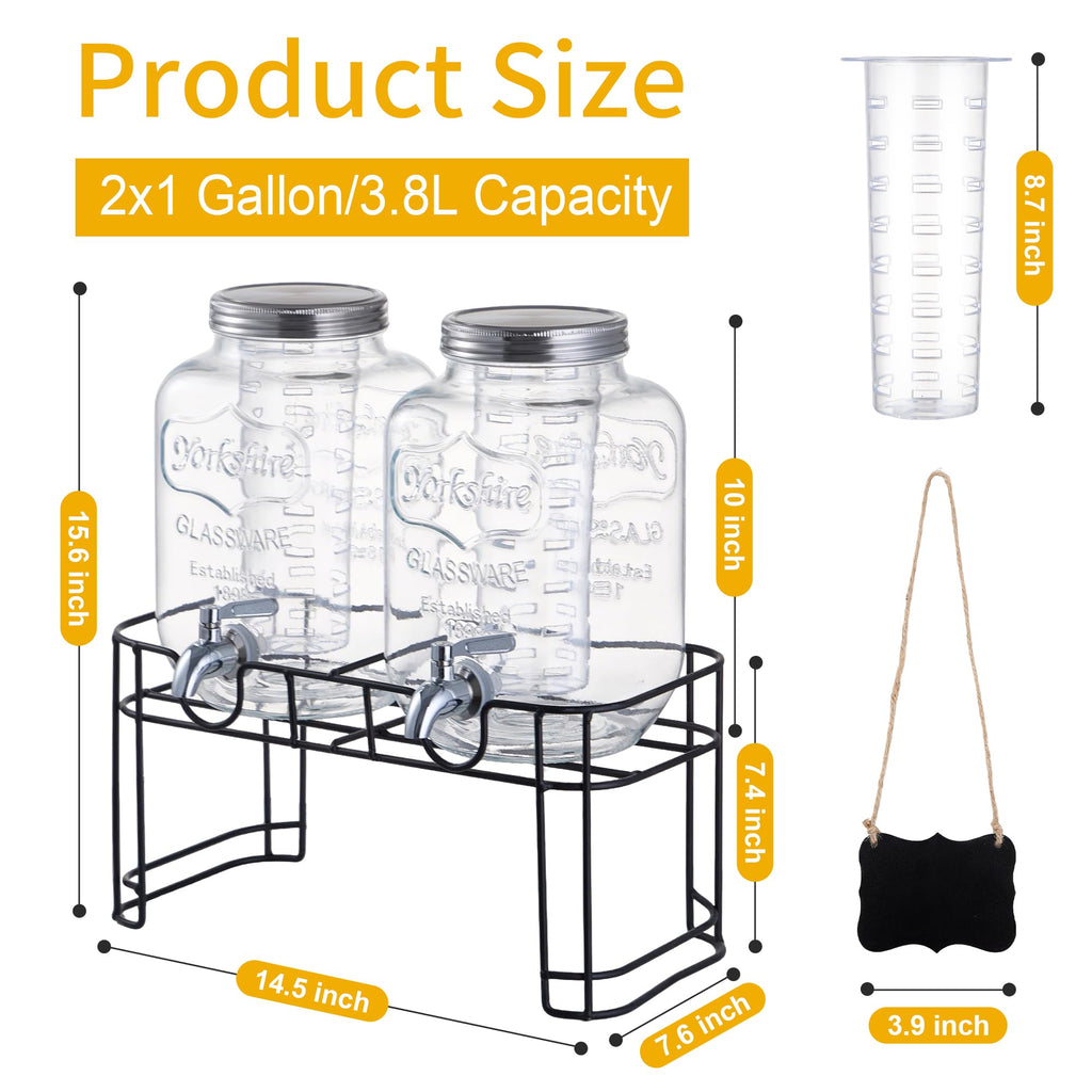 1 Gallon Glass Beverage Dispenser Set of 2 with Stand & Fruit Infuser H761