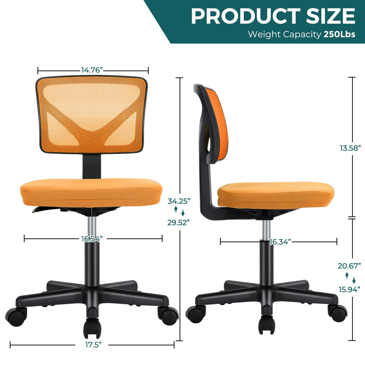 Orange Mesh Armless Desk Chair with Lumbar Support U705028