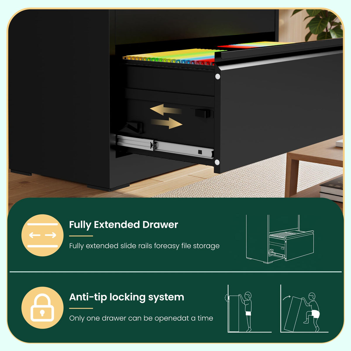4 Drawer Black Lateral File Cabinet with Lock V104