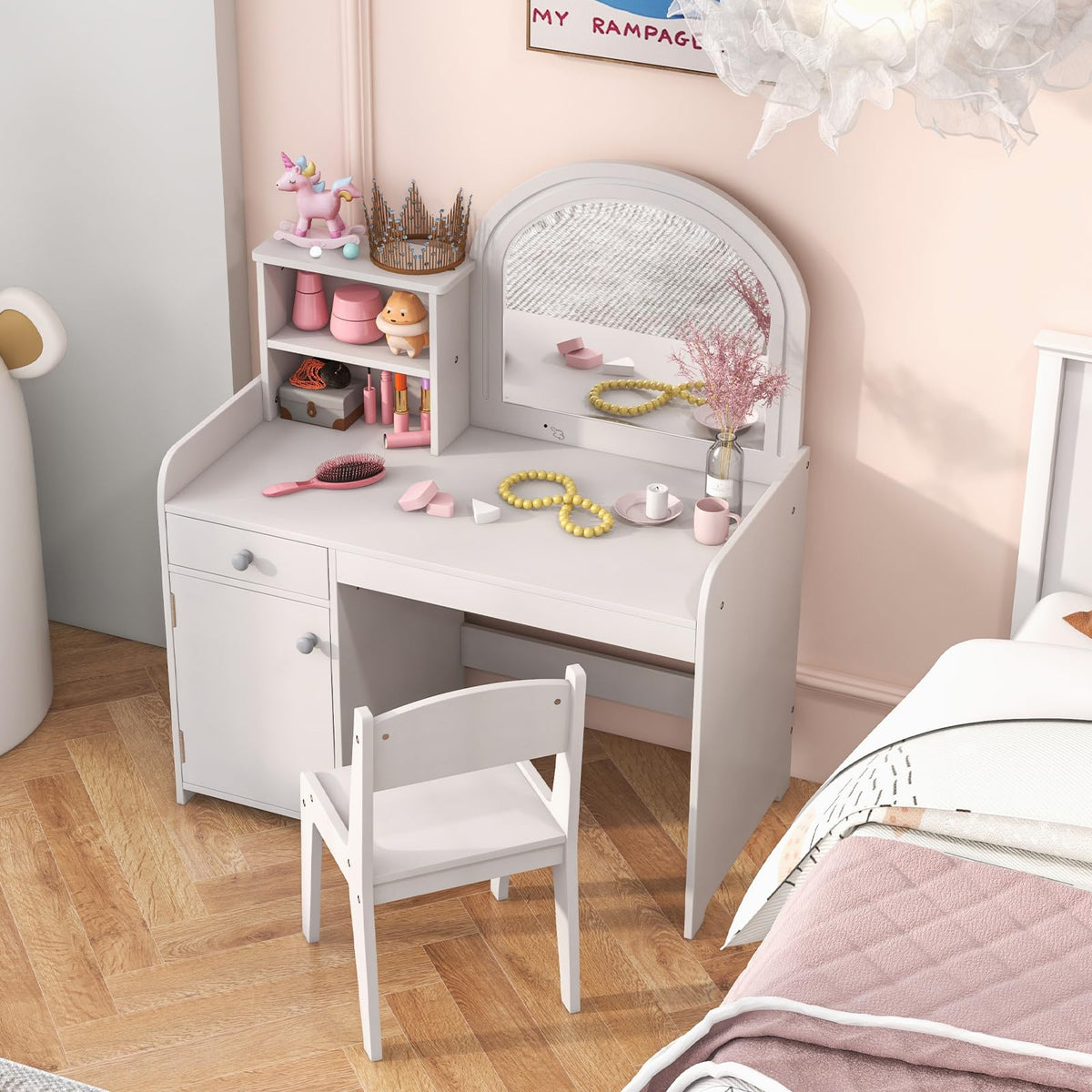 Kids Vanity Table and Chair Set with LED Lighted Mirror C292295
