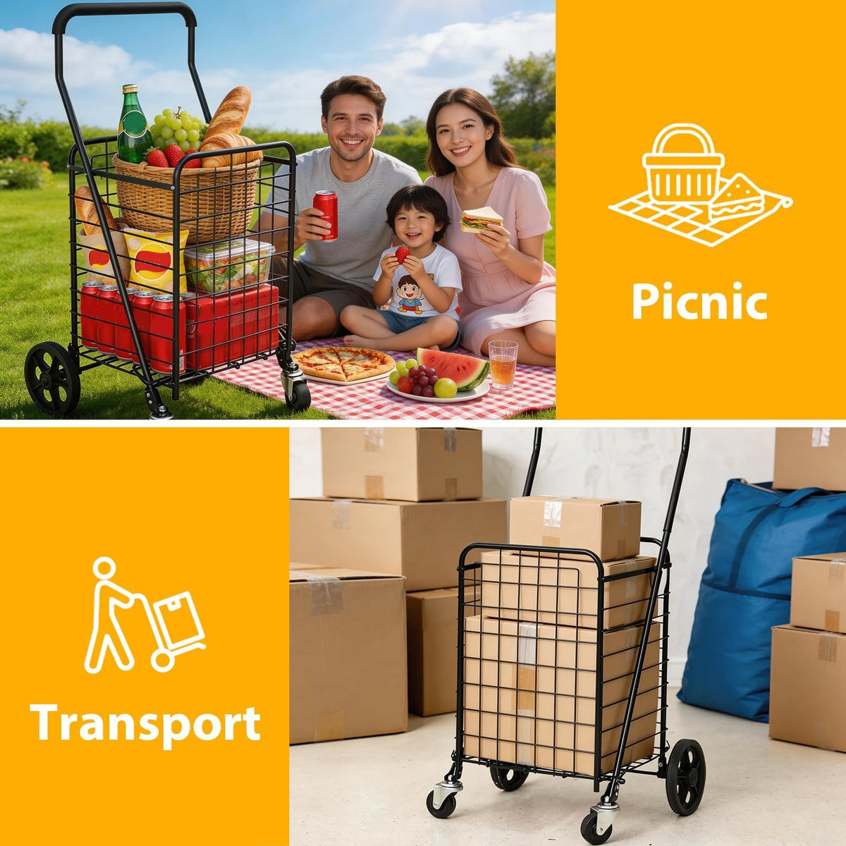 Grocery Shopping Cart with Swivel Wheels, Collapsible Utility Cart Y245