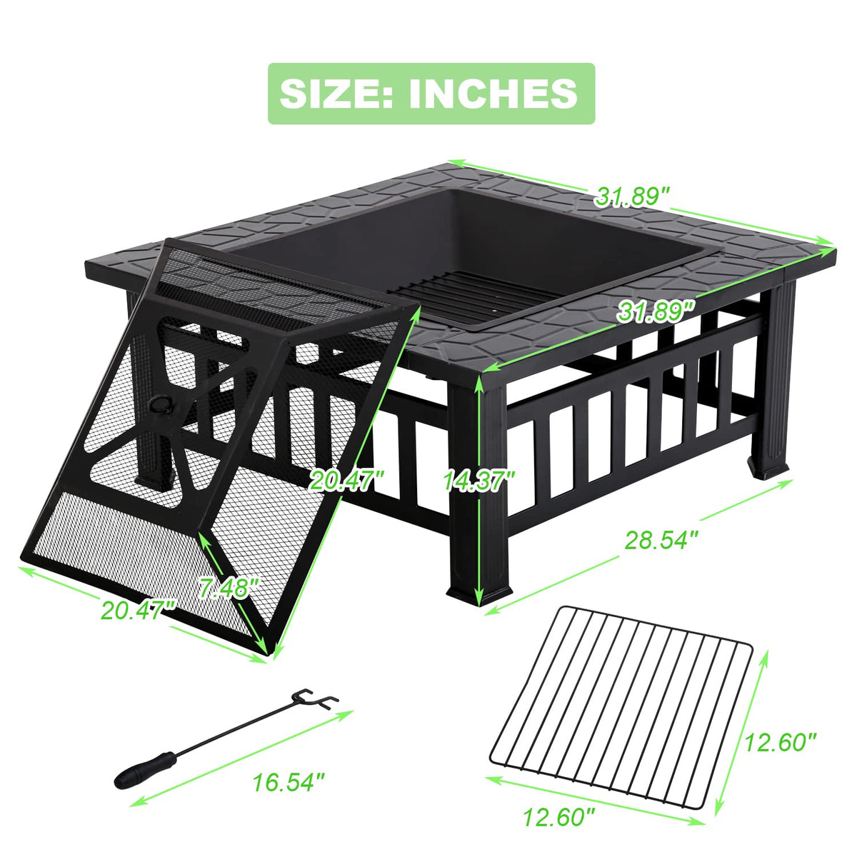 32" Square Wood Burning Fire Pit Table with Spark Screen H108