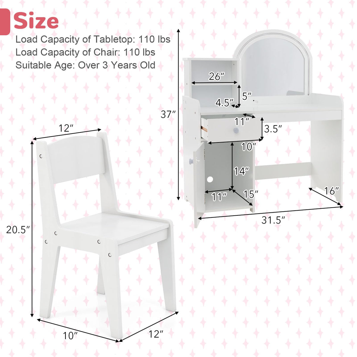 Kids Vanity Table and Chair Set with LED Lighted Mirror C292295
