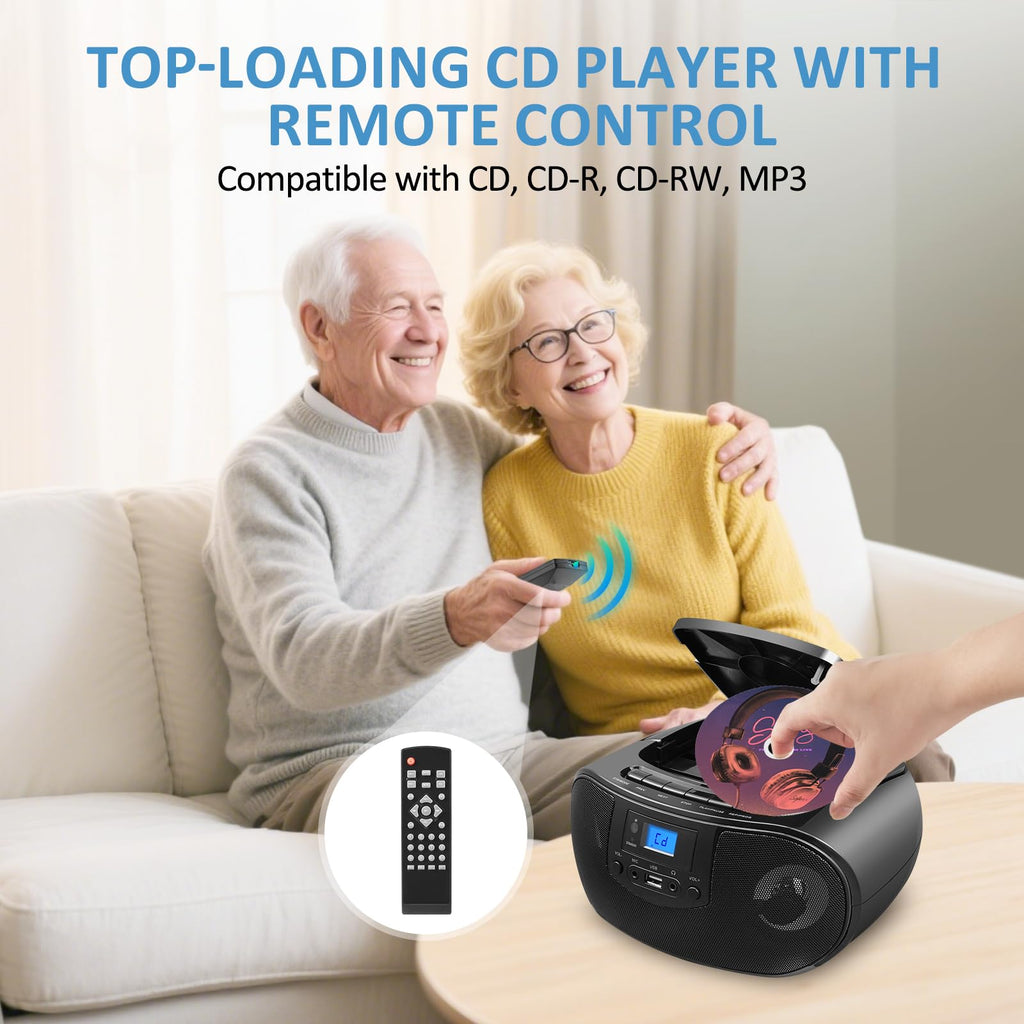 Portable CD Player Boombox with FM Radio, Bluetooth, Remote Control, Black T842