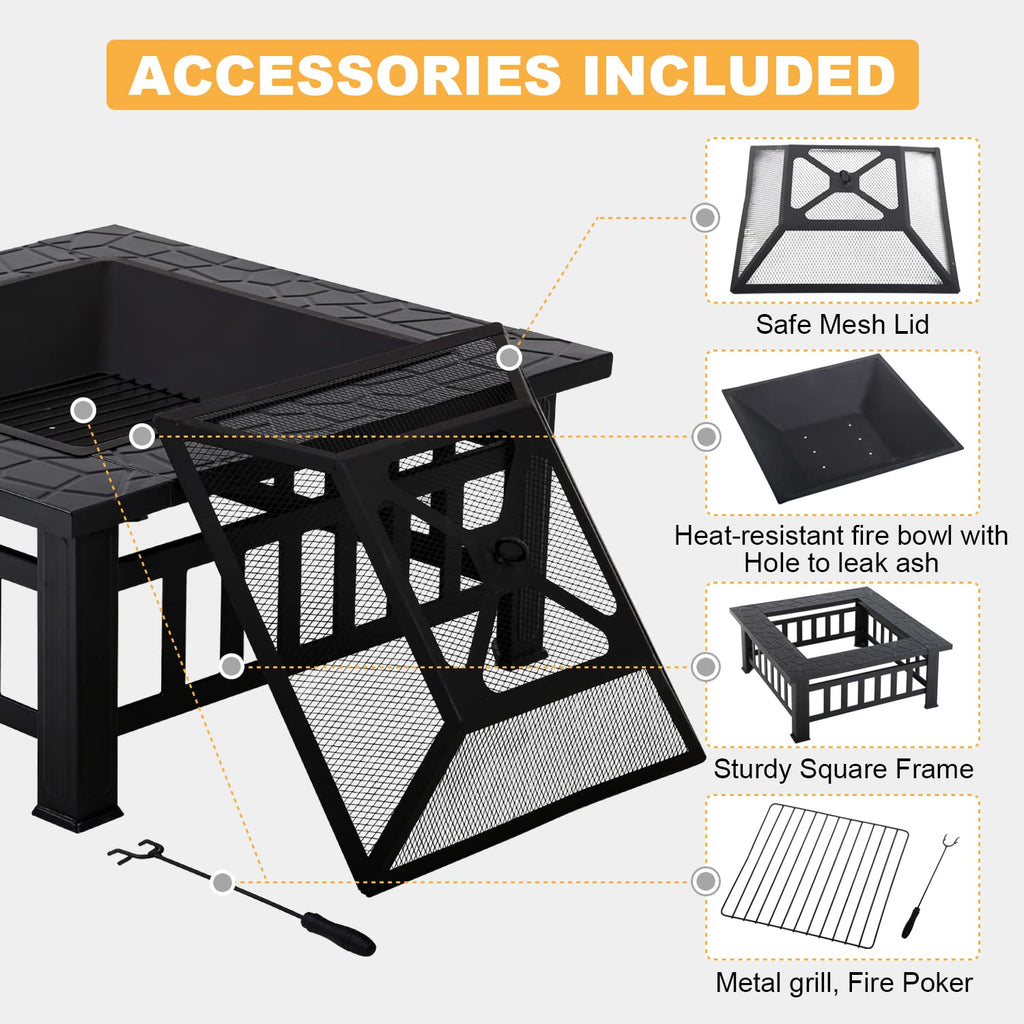 32" Square Wood Burning Fire Pit Table with Spark Screen H108
