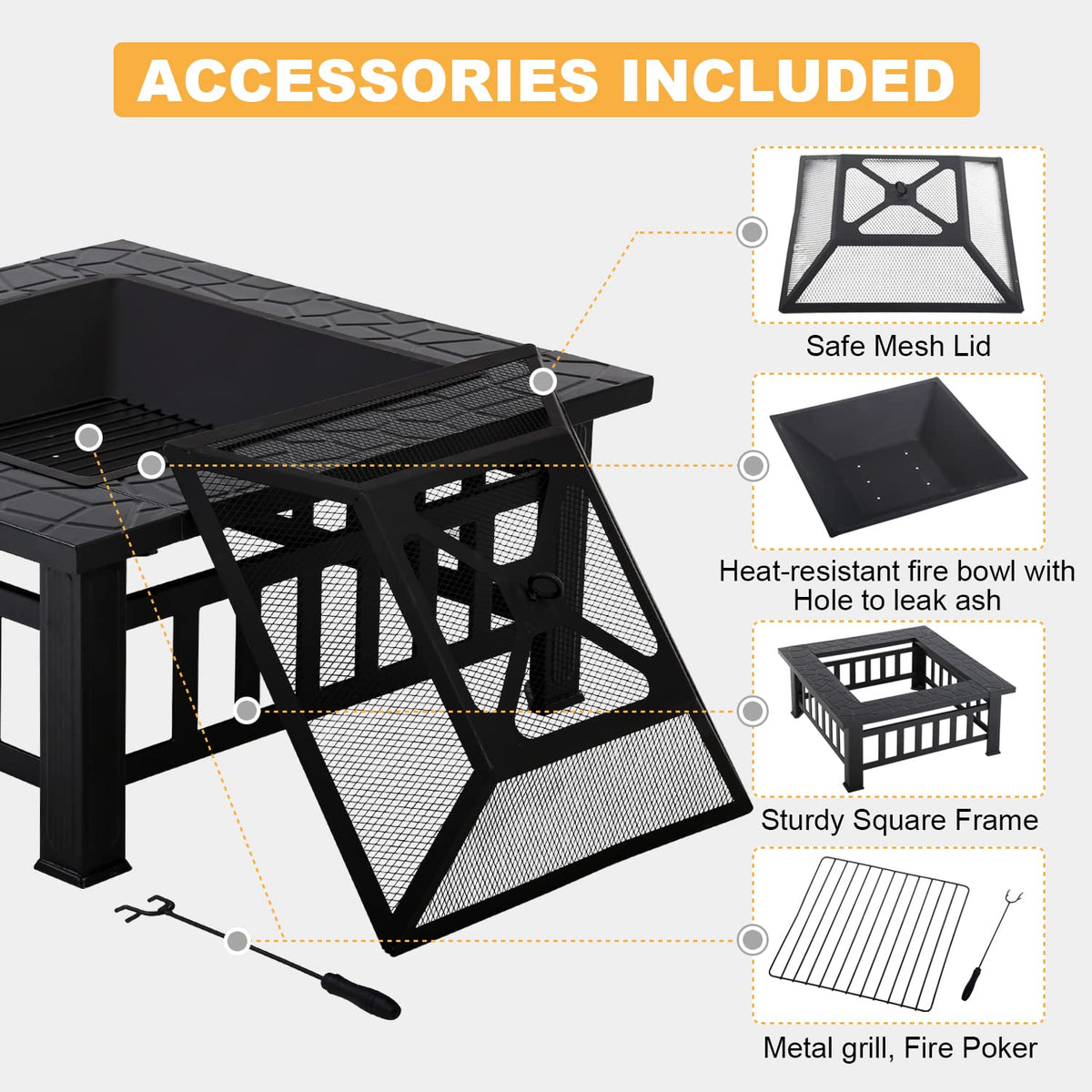32" Square Wood Burning Fire Pit Table with Spark Screen H108