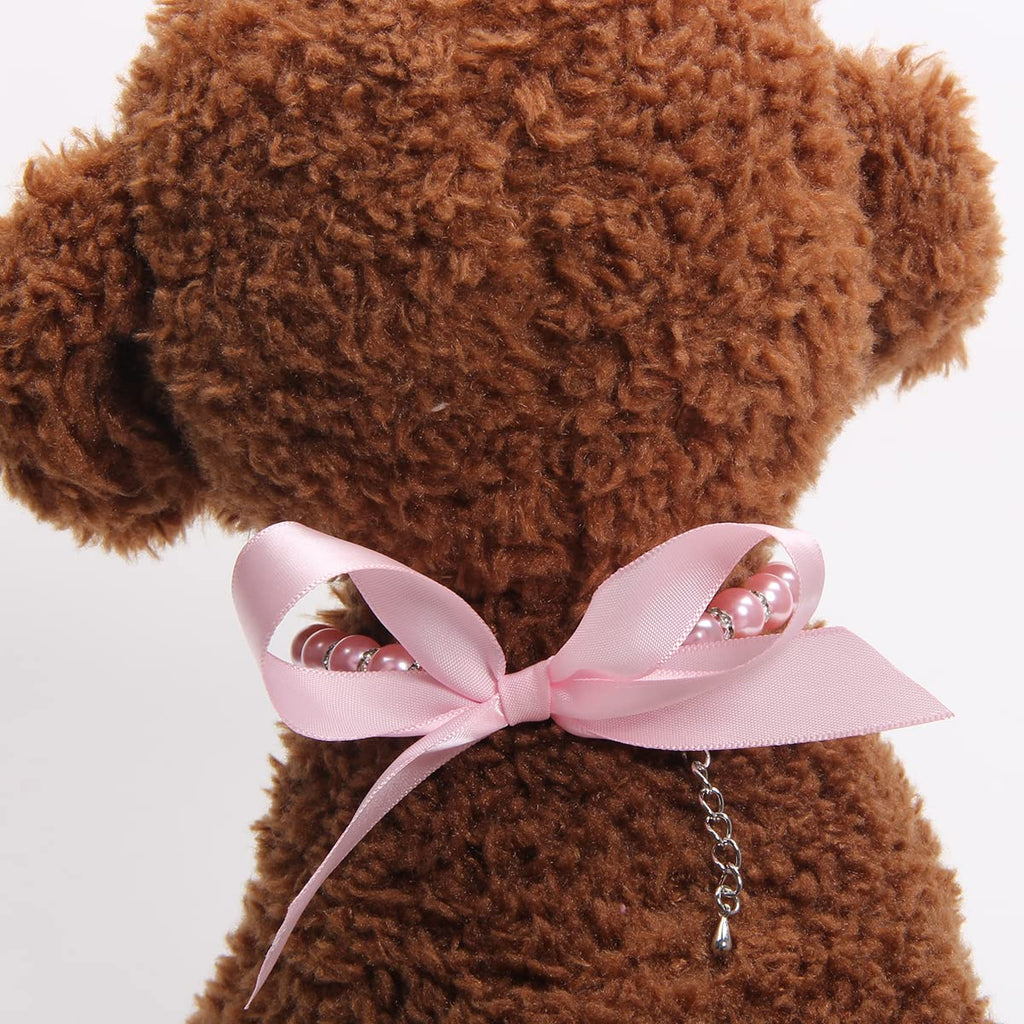Pearls Necklace Collar with Ribbon Bow Pet Jewelry Pink D1138