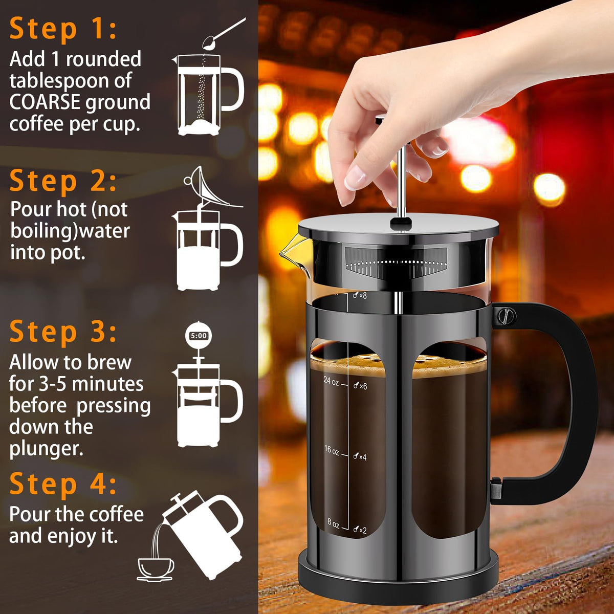 French Press Coffee Maker 34oz with 4 Filters Borosilicate Glass T608