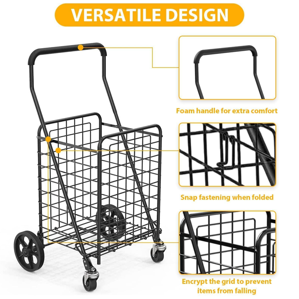 Grocery Shopping Cart with Swivel Wheels, Collapsible Utility Cart Y245