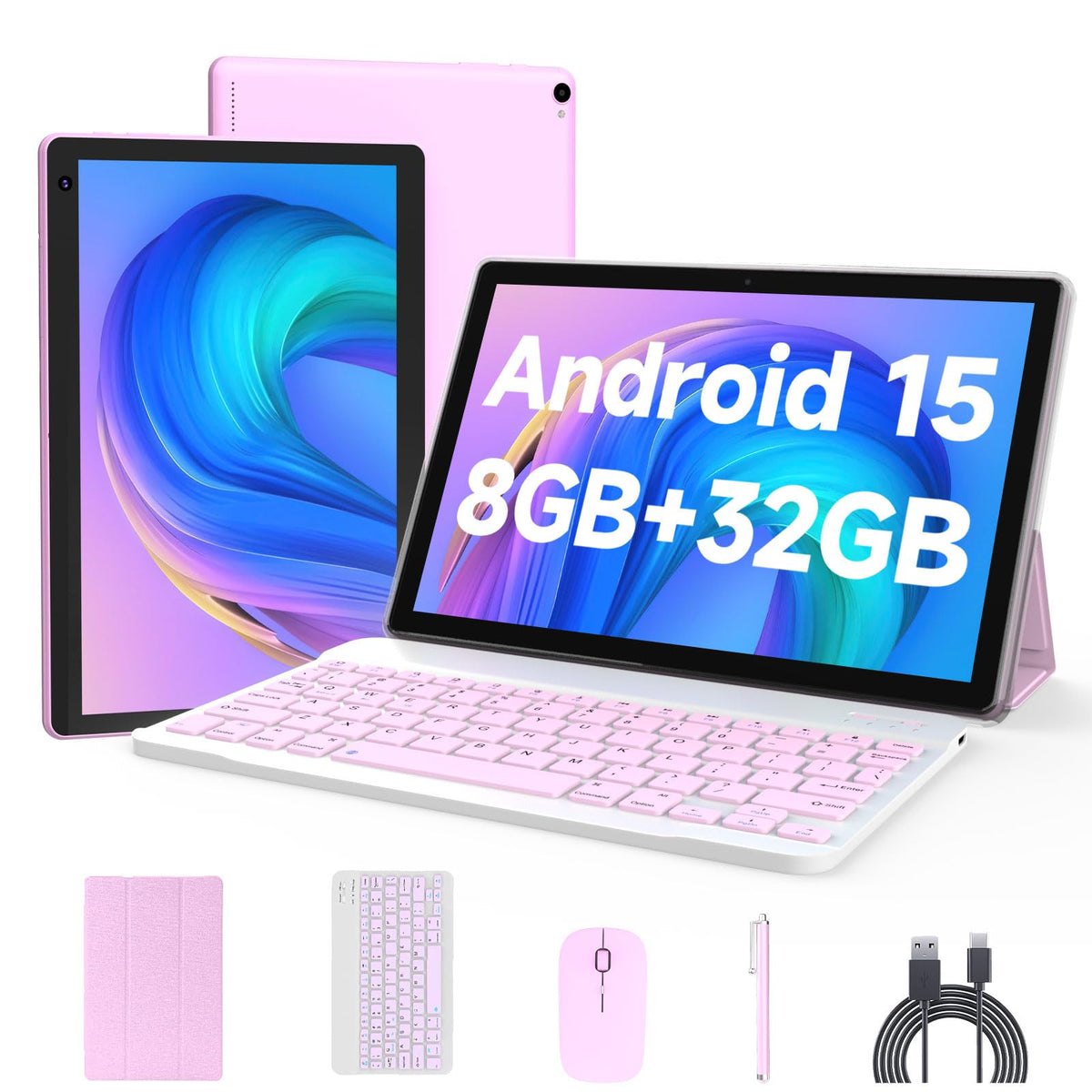 Android 15 Tablet 10 inch, 2 in 1 Tablet with Keyboard Case Mouse Stylus, 8GB RAM 32GB ROM, Quad Core, 1280x800 HD Screen, 6000mAh W57101