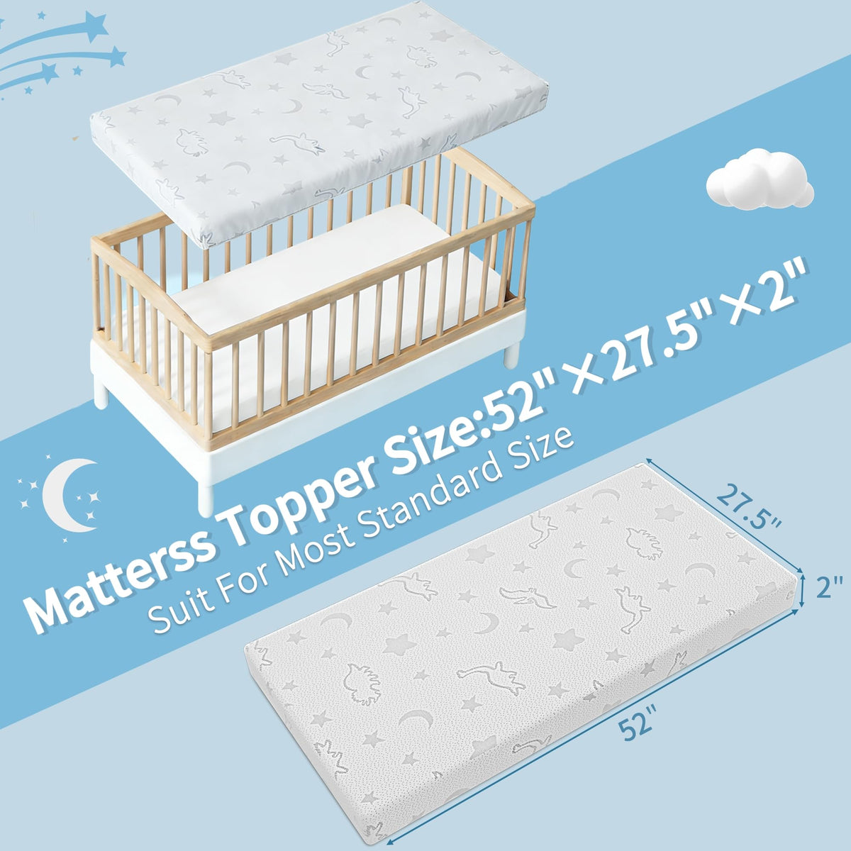 2" High Density Foam Crib Mattress Topper with Waterproof Washable Cover U638912