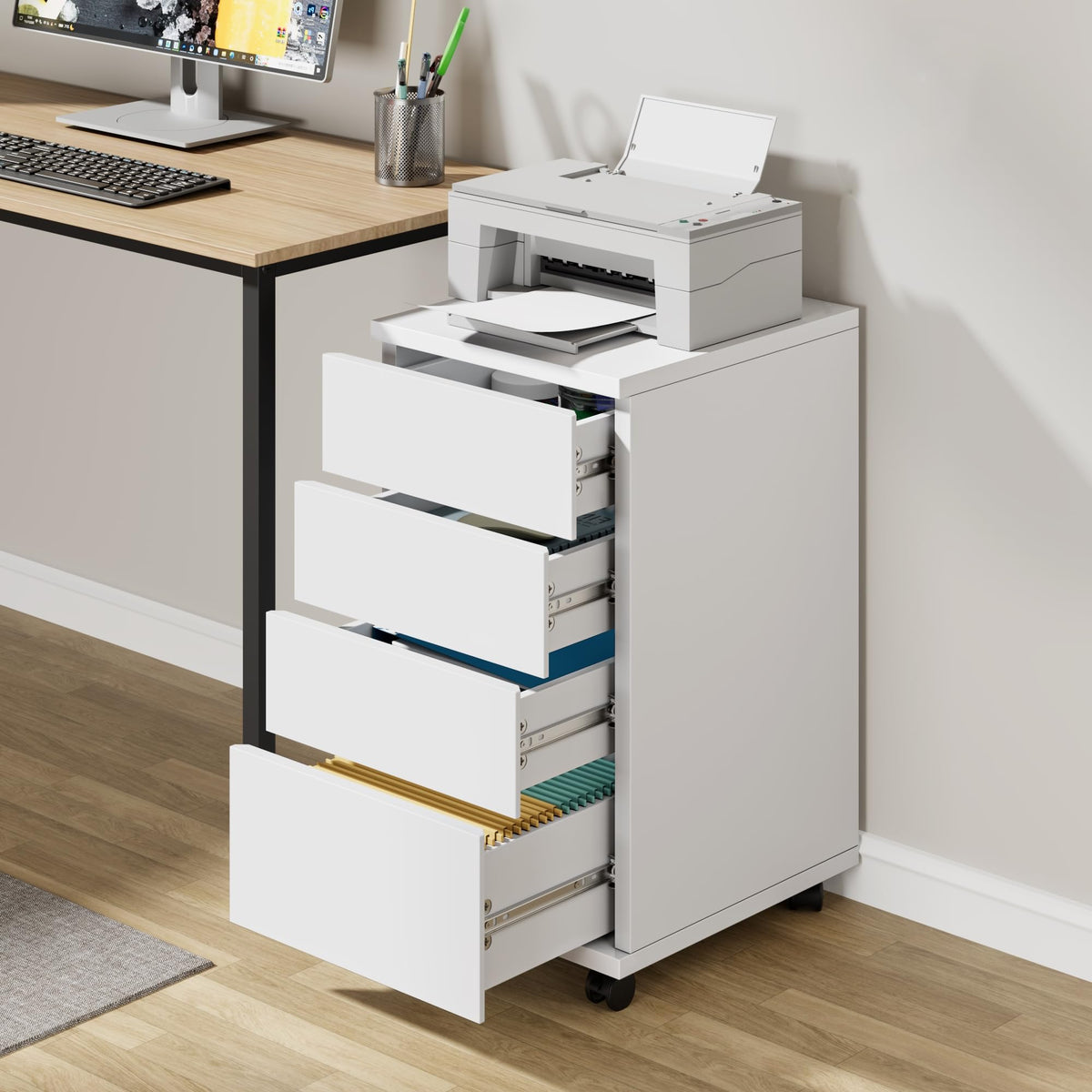 White 4 Drawer Wood Storage Cabinet with Wheels N171153