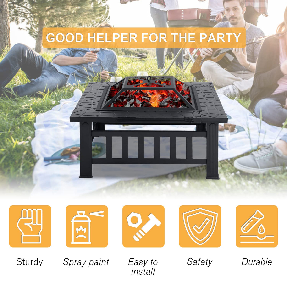 32" Square Wood Burning Fire Pit Table with Spark Screen H108