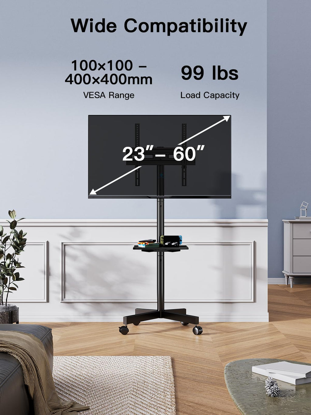 Rolling TV Stand on Wheels for 23-65 Inch TVs, Tilt Mobile TV Cart Holds up to 99 lbs with Adjustable Height Shelf O582