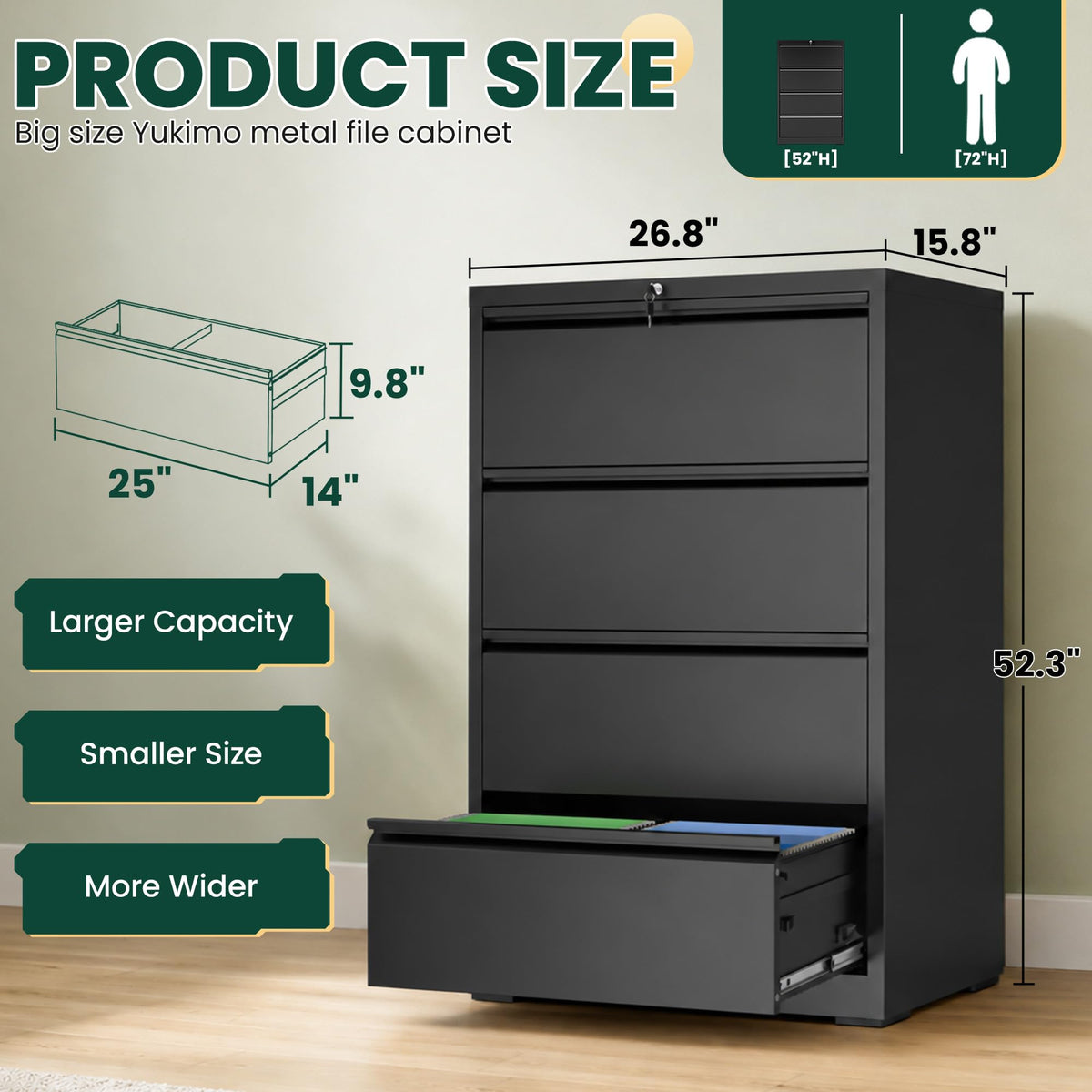 4 Drawer Black Lateral File Cabinet with Lock V104