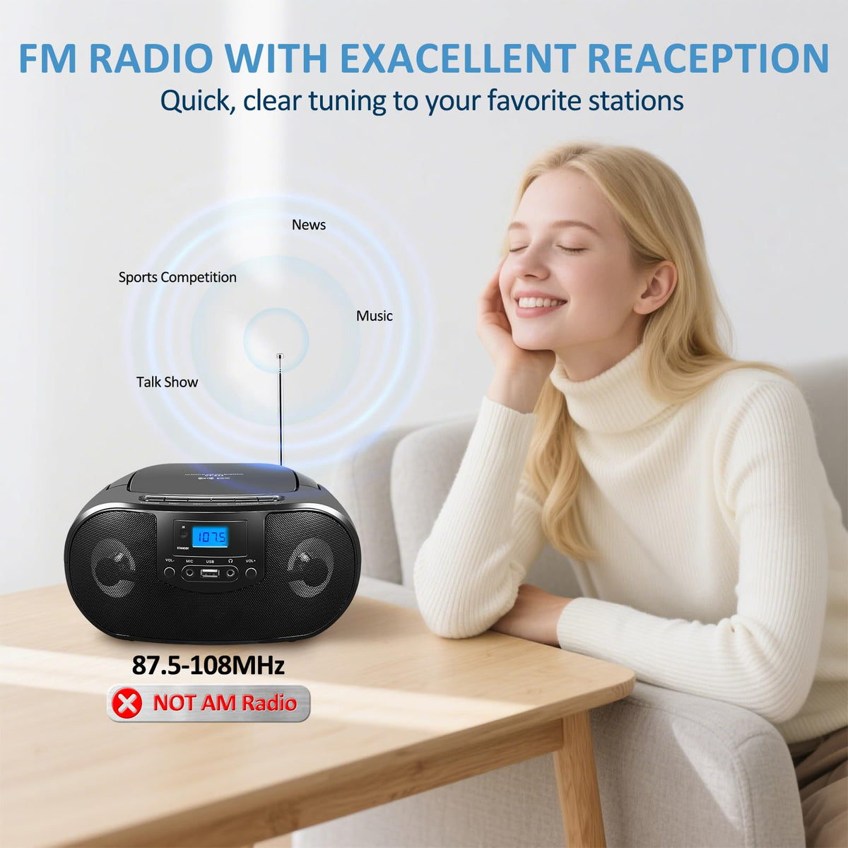 Portable CD Player Boombox with FM Radio, Bluetooth, Remote Control, Black T842