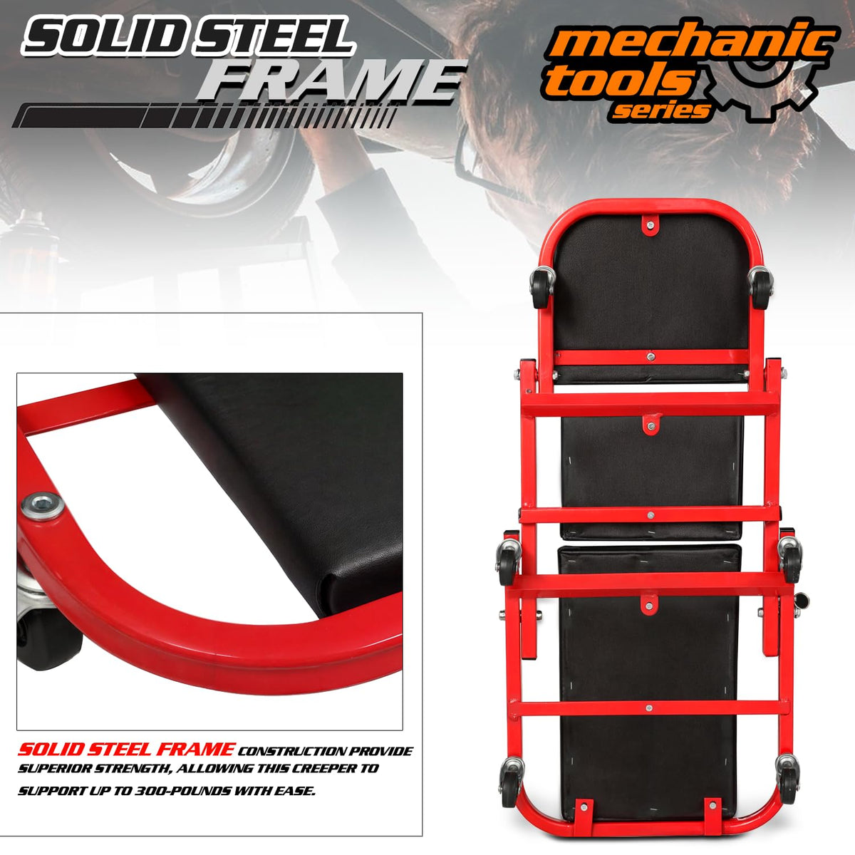 40-Inch Folding Creeper Rolling Seat, 330LBS Capacity with 6 Swivel Casters, Red X401